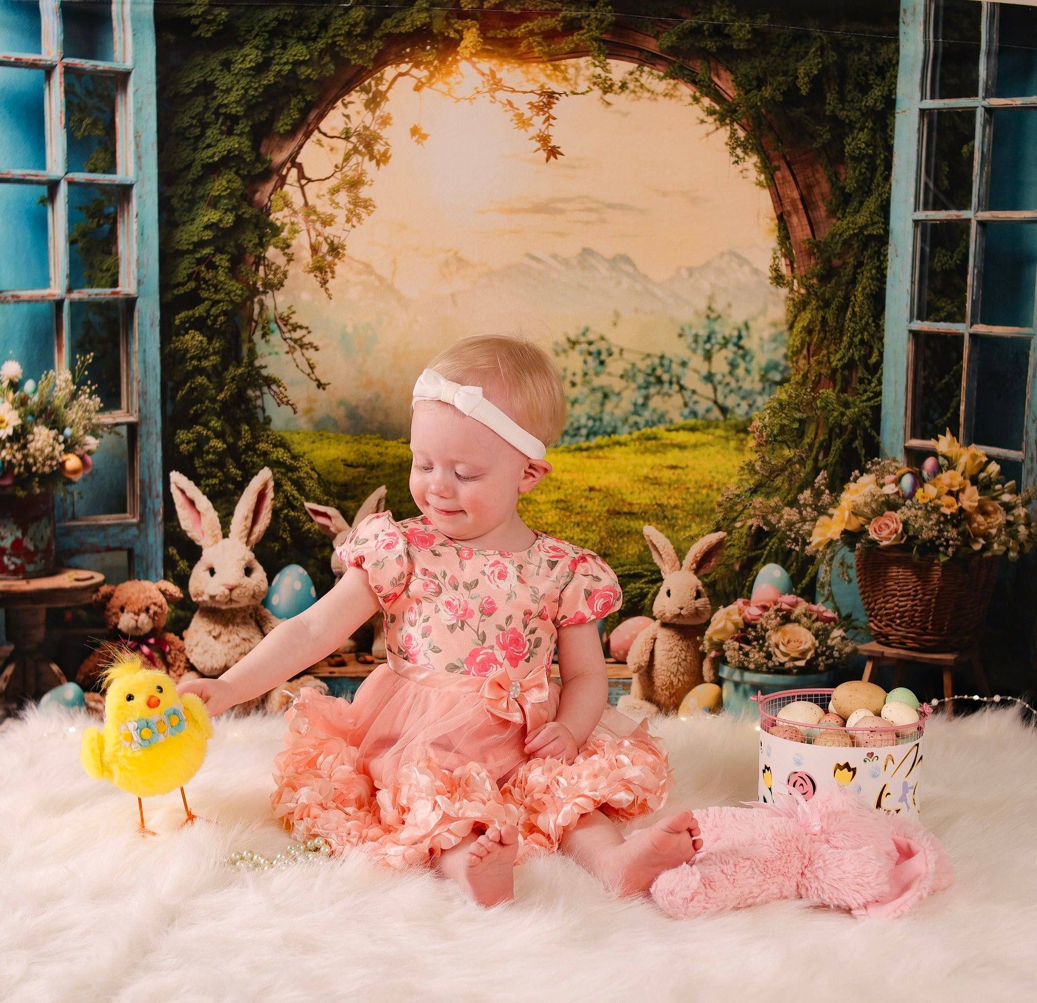 Easter Bunny Backdrop Sunset Meadow Rabbits Eggs Flowers Easter Backdrop UK MRR9-85