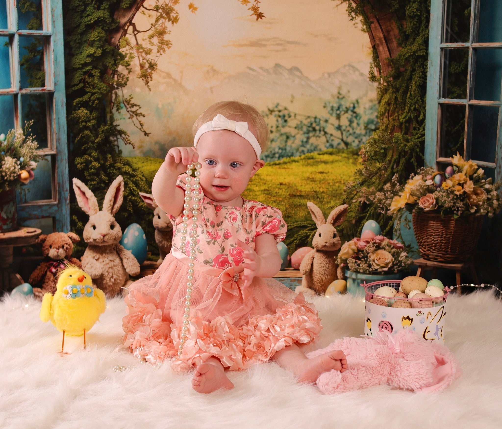 Easter Bunny Backdrop Sunset Meadow Rabbits Eggs Flowers Easter Backdrop UK MRR9-85