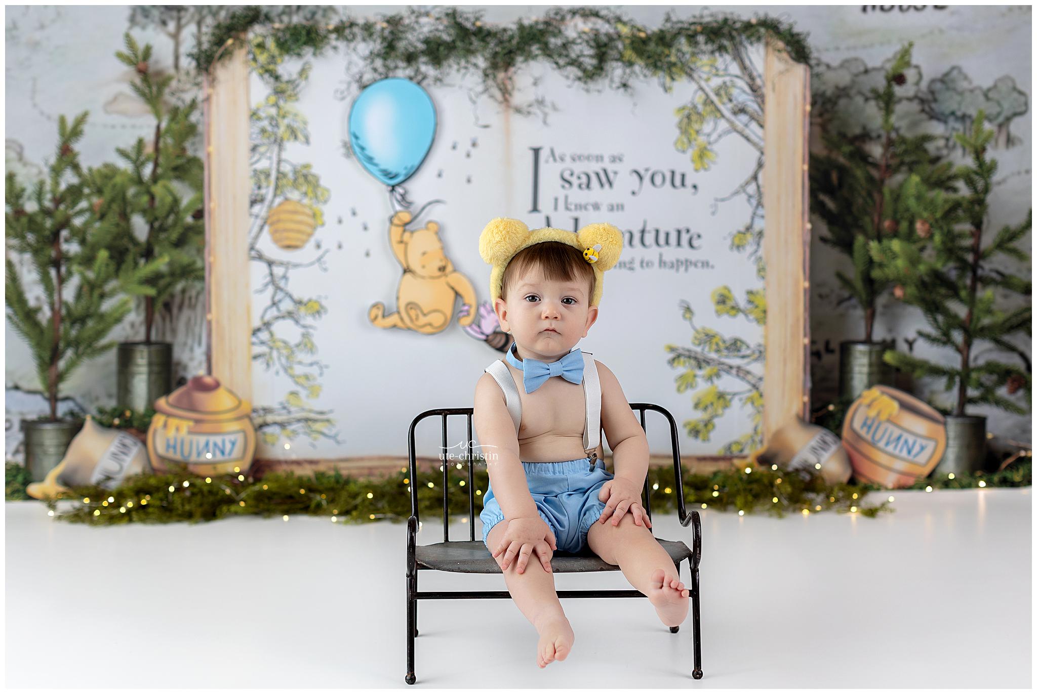 Cake Smash Backdrop Pooh Balloon Adventure Forest Quote 1st Birthday Backdrop UK MRR9-63