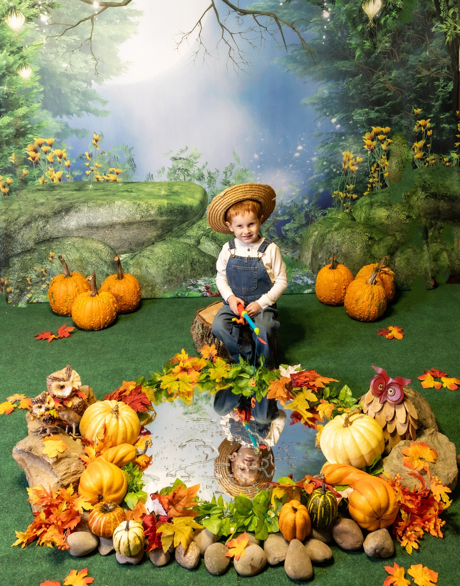 Mystic Mori Moss Stone Grass Red Flower Backdrop M1-67