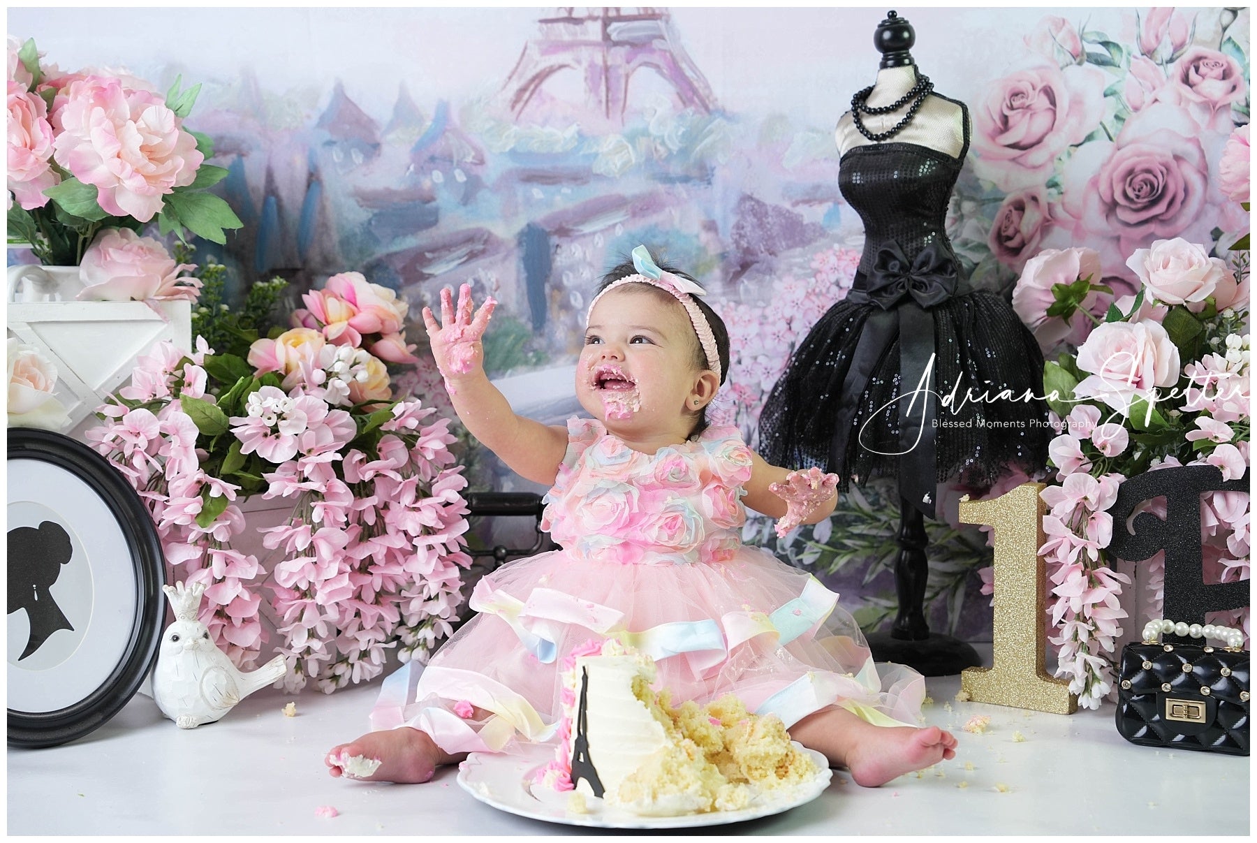 Cake Smash Backdrop Eiffel Tower Spring Floral Birthday Backdrop UK MRR10-45