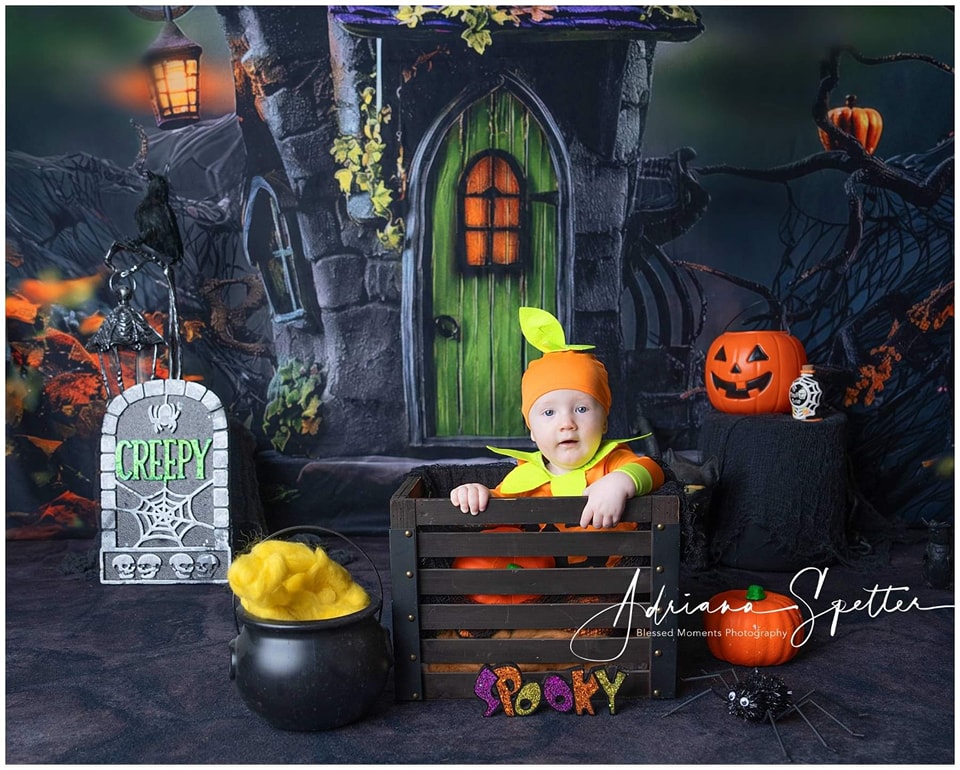 Spooky Halloween Backdrop Haunted House Green Door Lights Halloween Backdrop UK MRR9-131