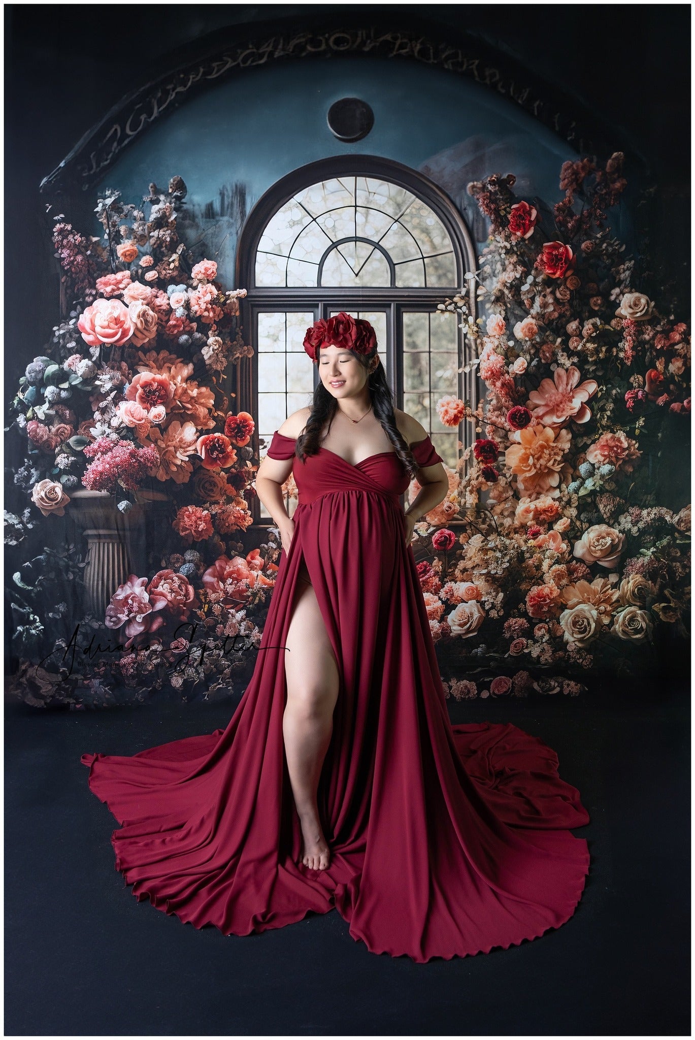 Floral Backdrop Arched Window Surrounded Flowers Vintage Photo Backdrop UK MRR9-106