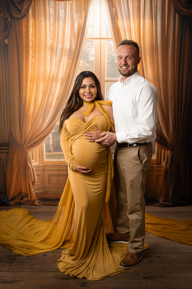 Vintage Backdrop Golden Drapes Framing Sunlit Window Antique Backdrop UK MRR9-103