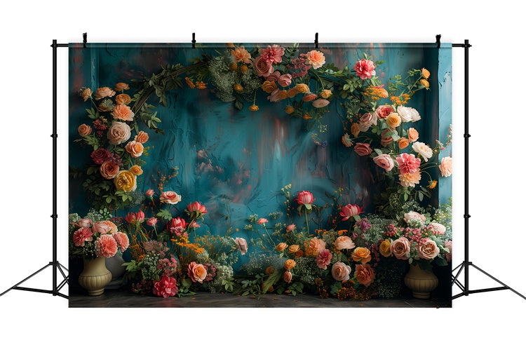 Floral Backdrops For Photography Vibrant Blooms Teal Backdrop UK BRP1-367