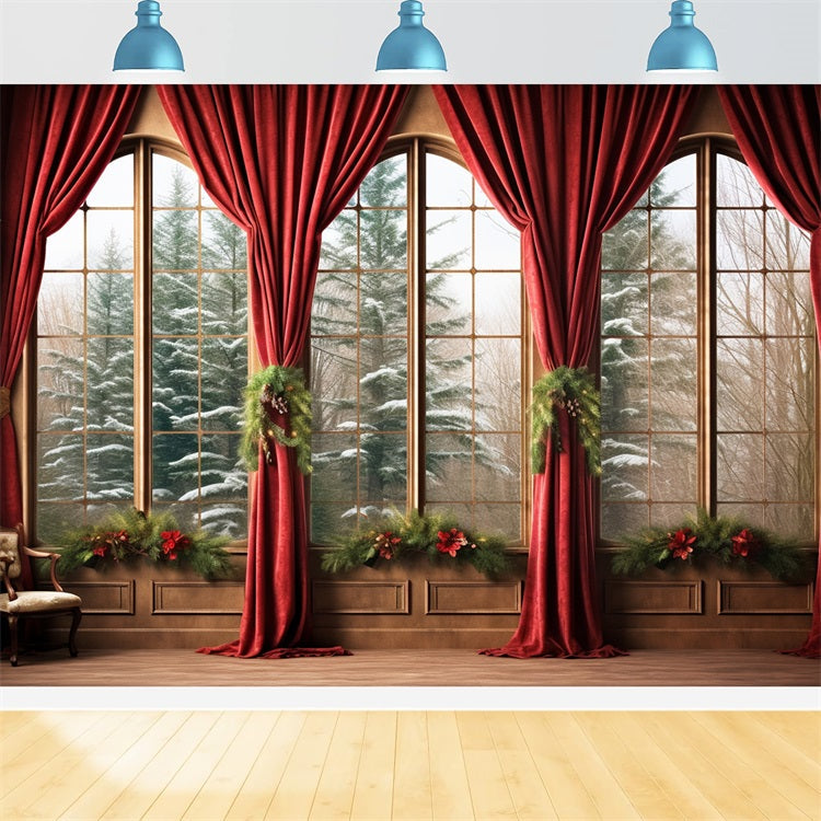 Winter Photo Backdrops Red Drapes Snowy Forest Backdrop UK BRP11-270