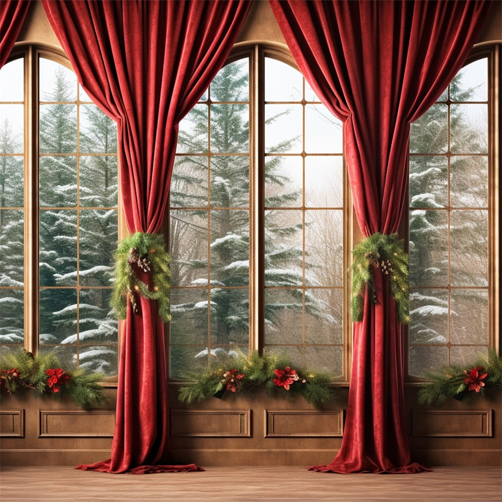 Winter Photo Backdrops Red Drapes Snowy Forest Backdrop UK BRP11-270