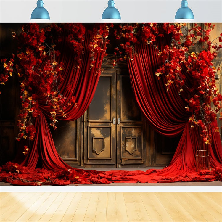 Valentines Photo Booth Backdrop Red Drapes Flowers Backdrop UK BRP11-395