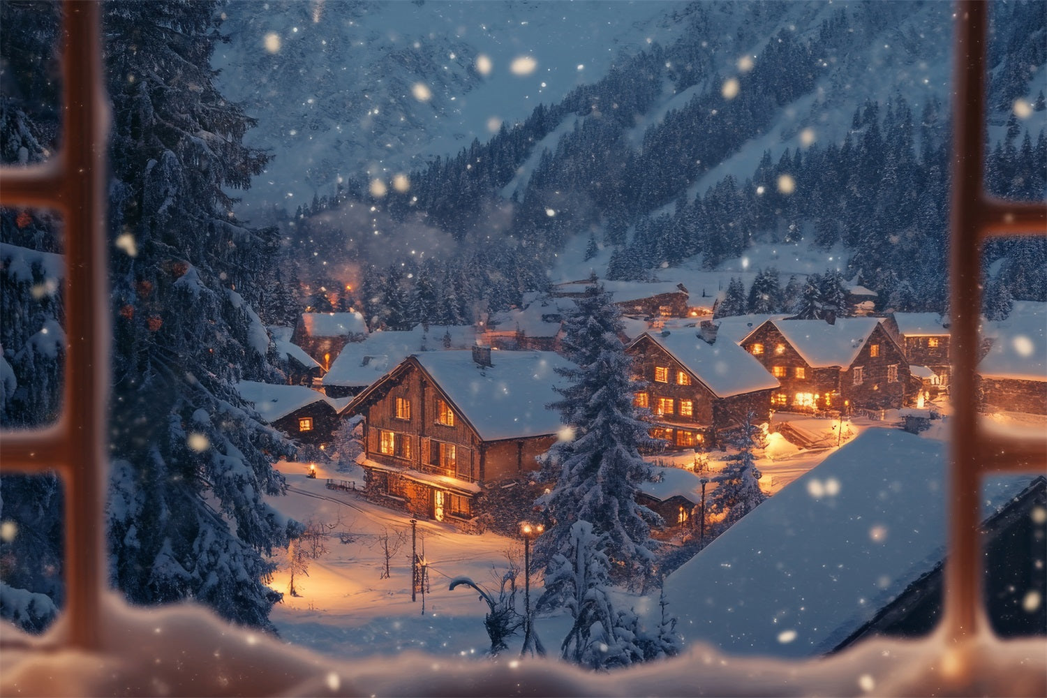 Winter Backdrop Photography Twinkling Village Through Window Backdrop UK BRP11-498