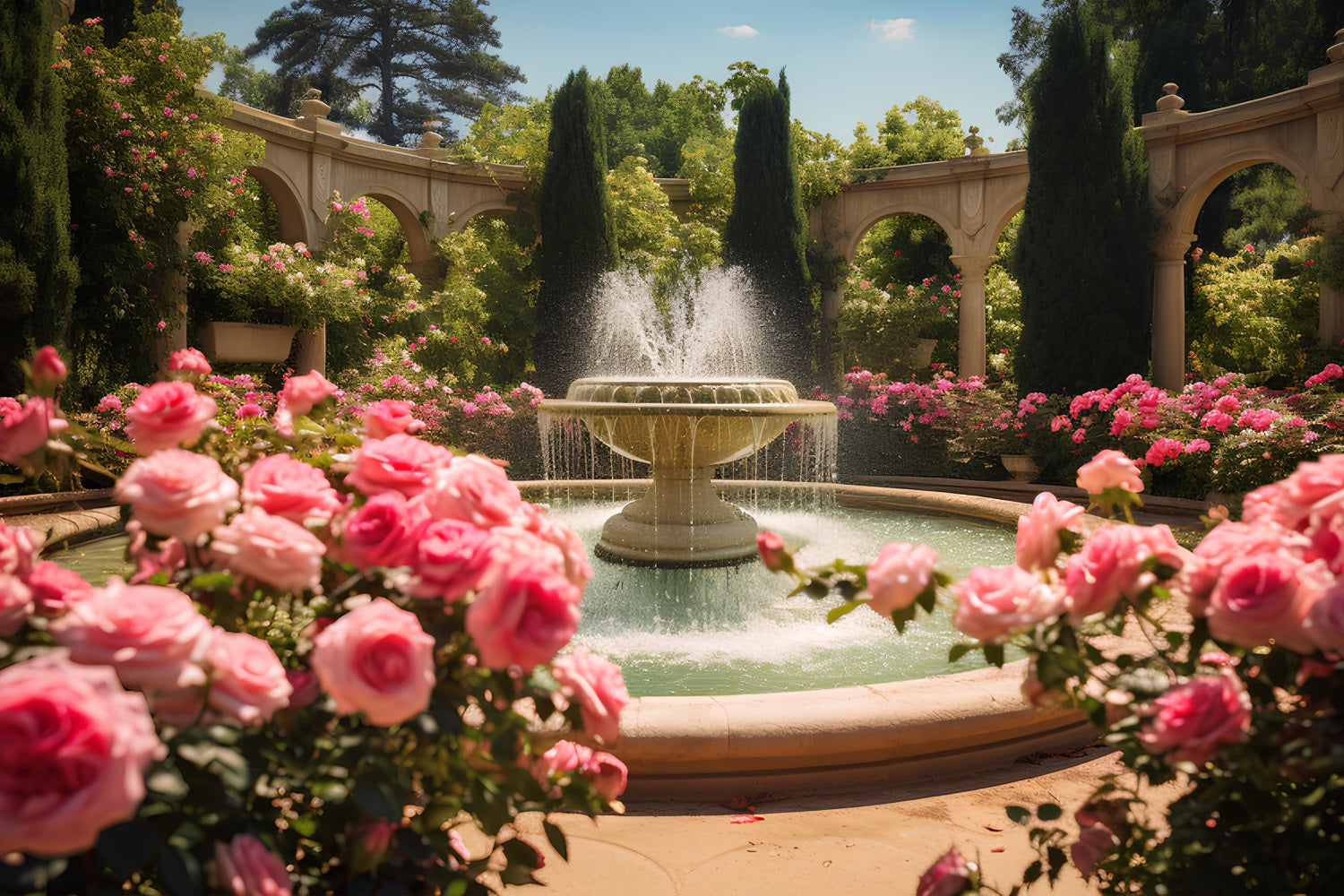 Spring Picture Backdrop Blooming Roses Fountain Backdrop UK BRP11-528