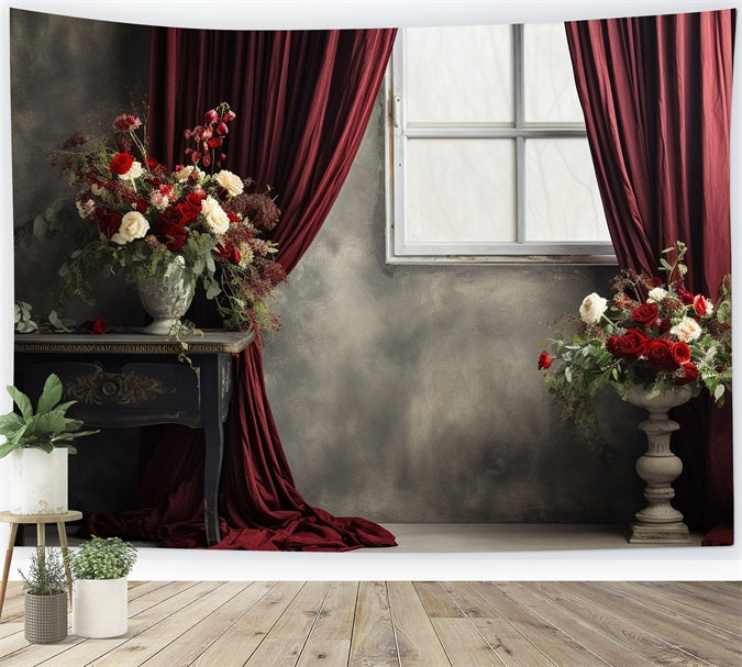 Vintage Backdrop Red Curtained Window Flowers Backdrop UK BRP11-591