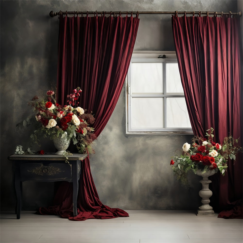 Vintage Backdrop Red Curtained Window Flowers Backdrop UK BRP11-591
