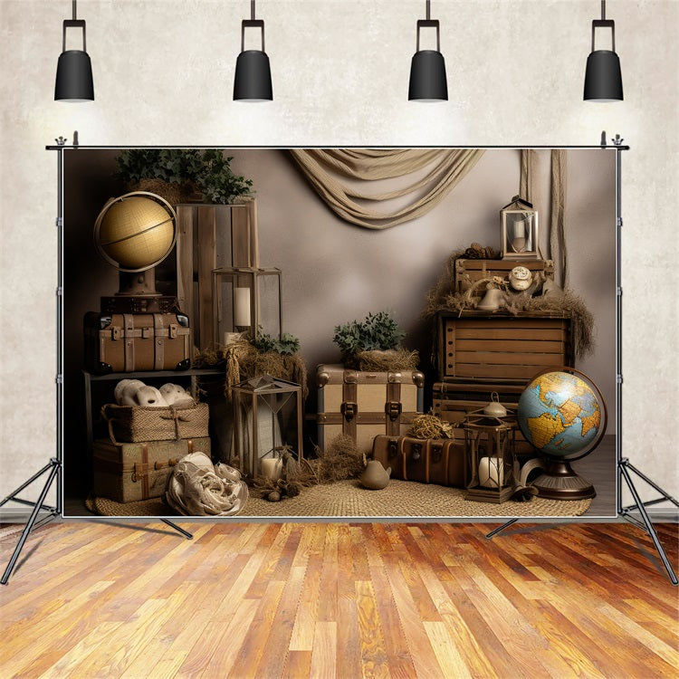 Vintage Backdrop Photography Antique Luggage World Globes Backdrop UK BRP11-592