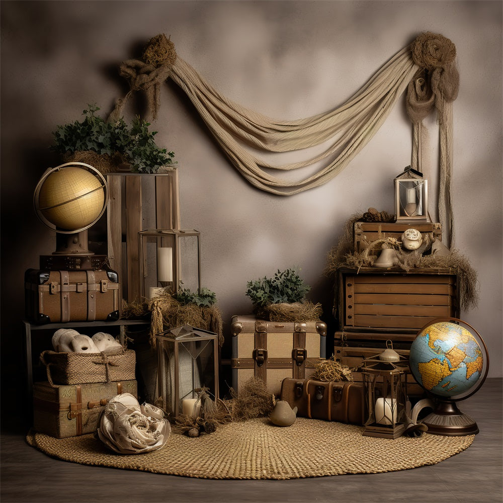 Vintage Backdrop Photography Antique Luggage World Globes Backdrop UK BRP11-592