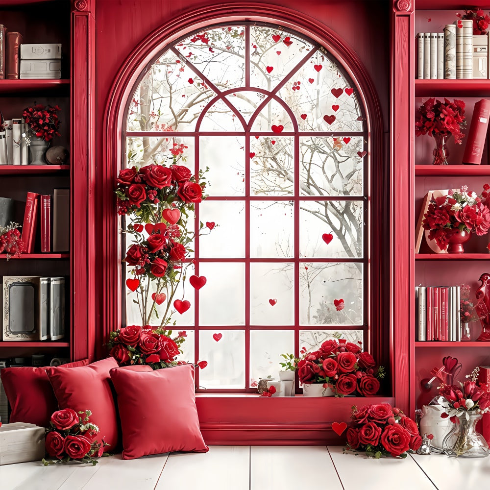 Valentine Photography Backdrop Red Themed Library Window Roses Backdrop UK BRP12-242