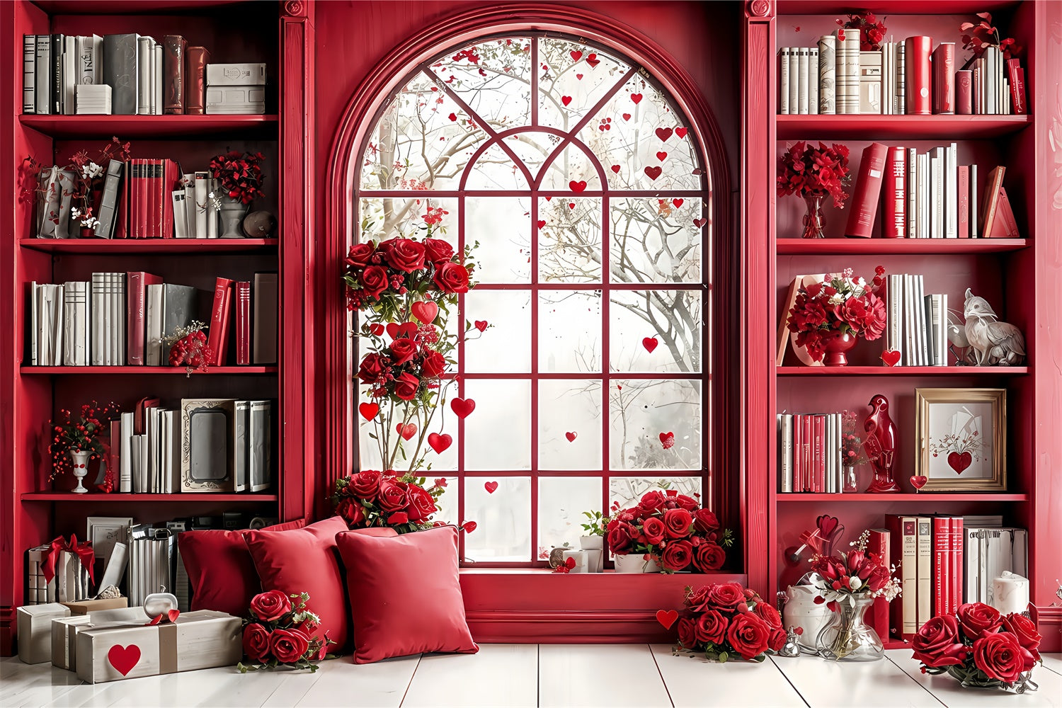 Valentine Photography Backdrop Red Themed Library Window Roses Backdrop UK BRP12-242