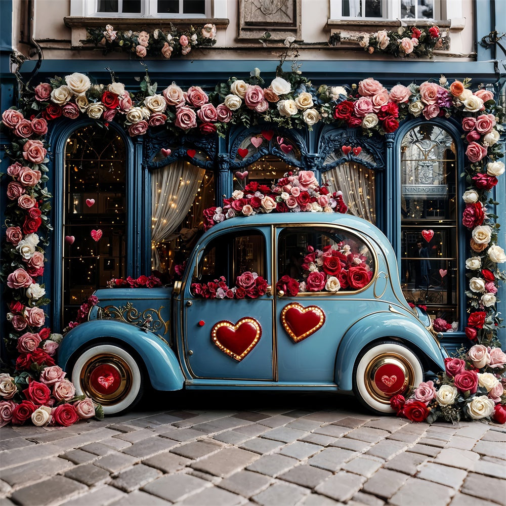 Valentine Day Backdrop Love-Themed Blue Car Floral Backdrop UK BRP12-259