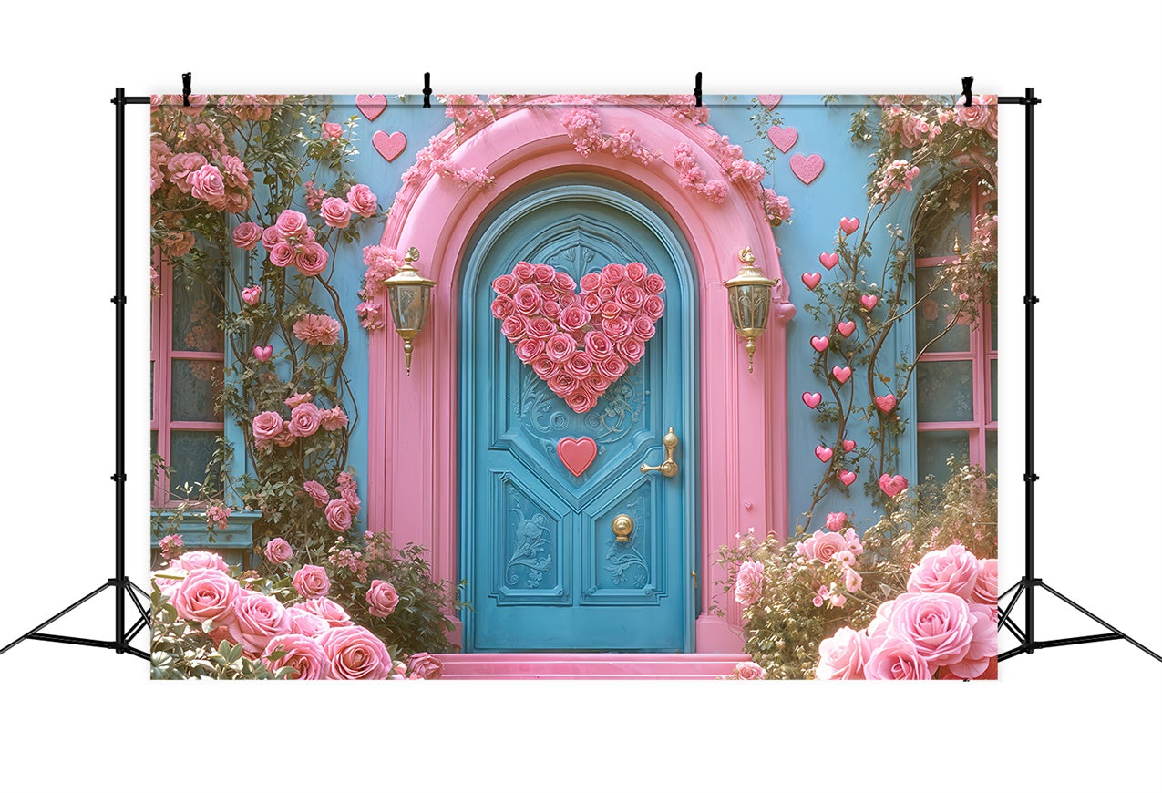 Valentine Backdrops Pink Rose Heart Blue Door Backdrop UK BRP12-261