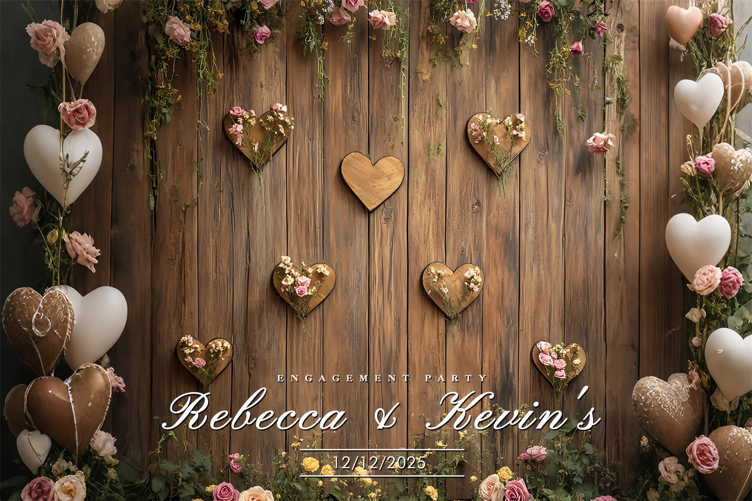 Personalised Wedding Backdrop Wooden Hearts Floral Engagement Party Backdrop UK BRP12-368