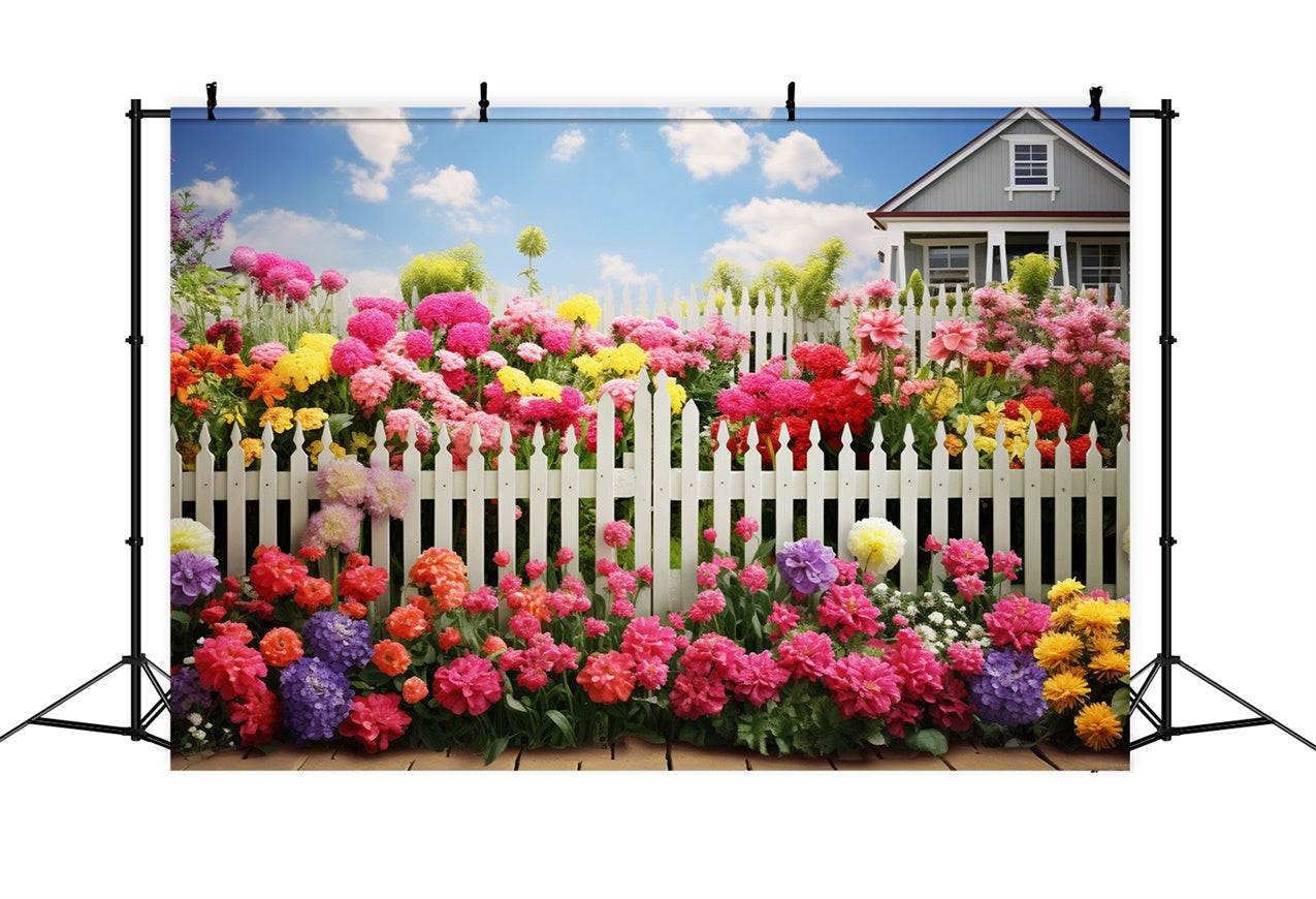 Spring Photography Backdrop Bright Blossoms White Fence Backdrop UK BRP12-474