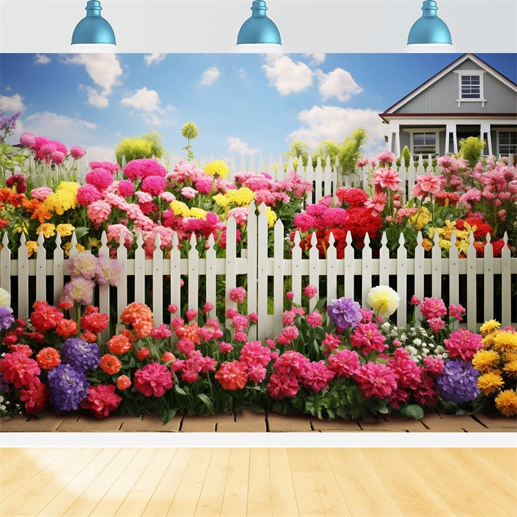 Spring Photography Backdrop Bright Blossoms White Fence Backdrop UK BRP12-474