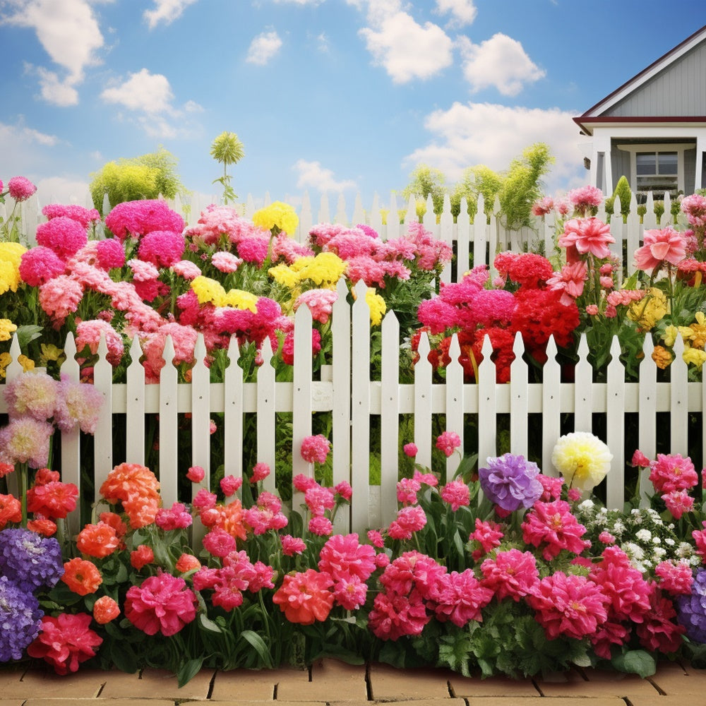 Spring Photography Backdrop Bright Blossoms White Fence Backdrop UK BRP12-474