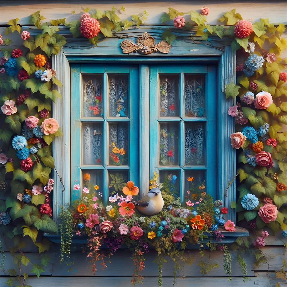 Spring Backdrop Rustic Blue Window Blooming Flowers Backdrop UK BRP12-475