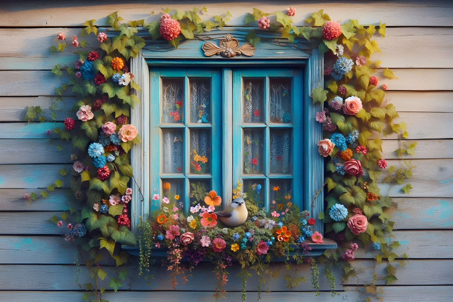 Spring Backdrop Rustic Blue Window Blooming Flowers Backdrop UK BRP12-475