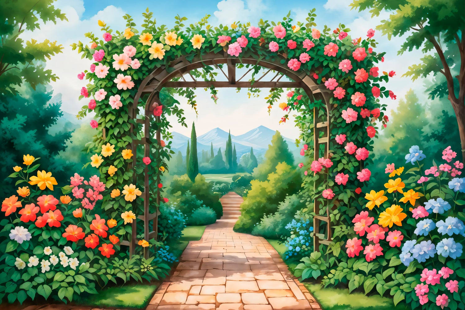 Backdrops Spring Blooming Garden Path Vibrant Flowers Backdrop UK BRP12-476