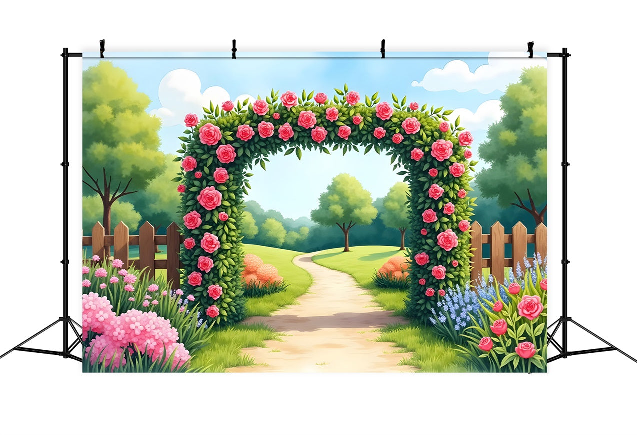 Spring Backdrops Blooming Garden Path Pink Roses Backdrop UK BRP12-477