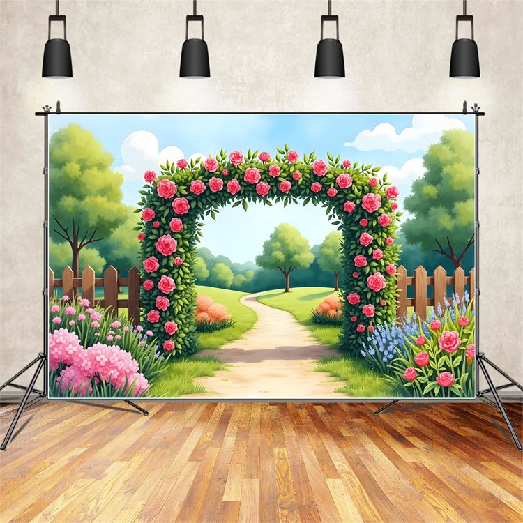 Spring Backdrops Blooming Garden Path Pink Roses Backdrop UK BRP12-477