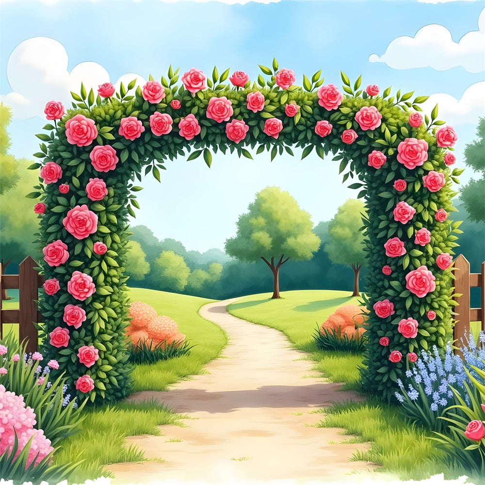 Spring Backdrops Blooming Garden Path Pink Roses Backdrop UK BRP12-477