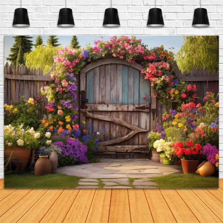 Spring Backdrop Rustic Wooden Gate Colorful Flower Backdrop UK BRP12-483