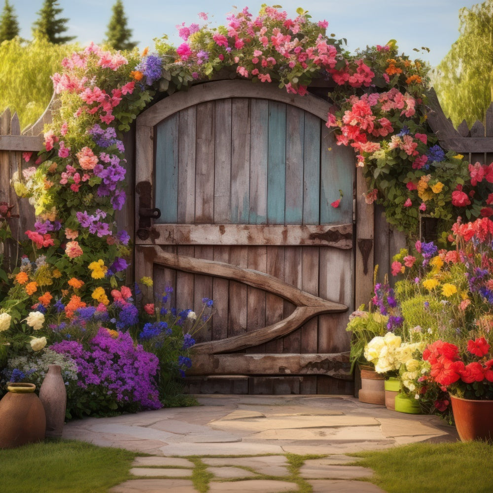 Spring Backdrop Rustic Wooden Gate Colorful Flower Backdrop UK BRP12-483