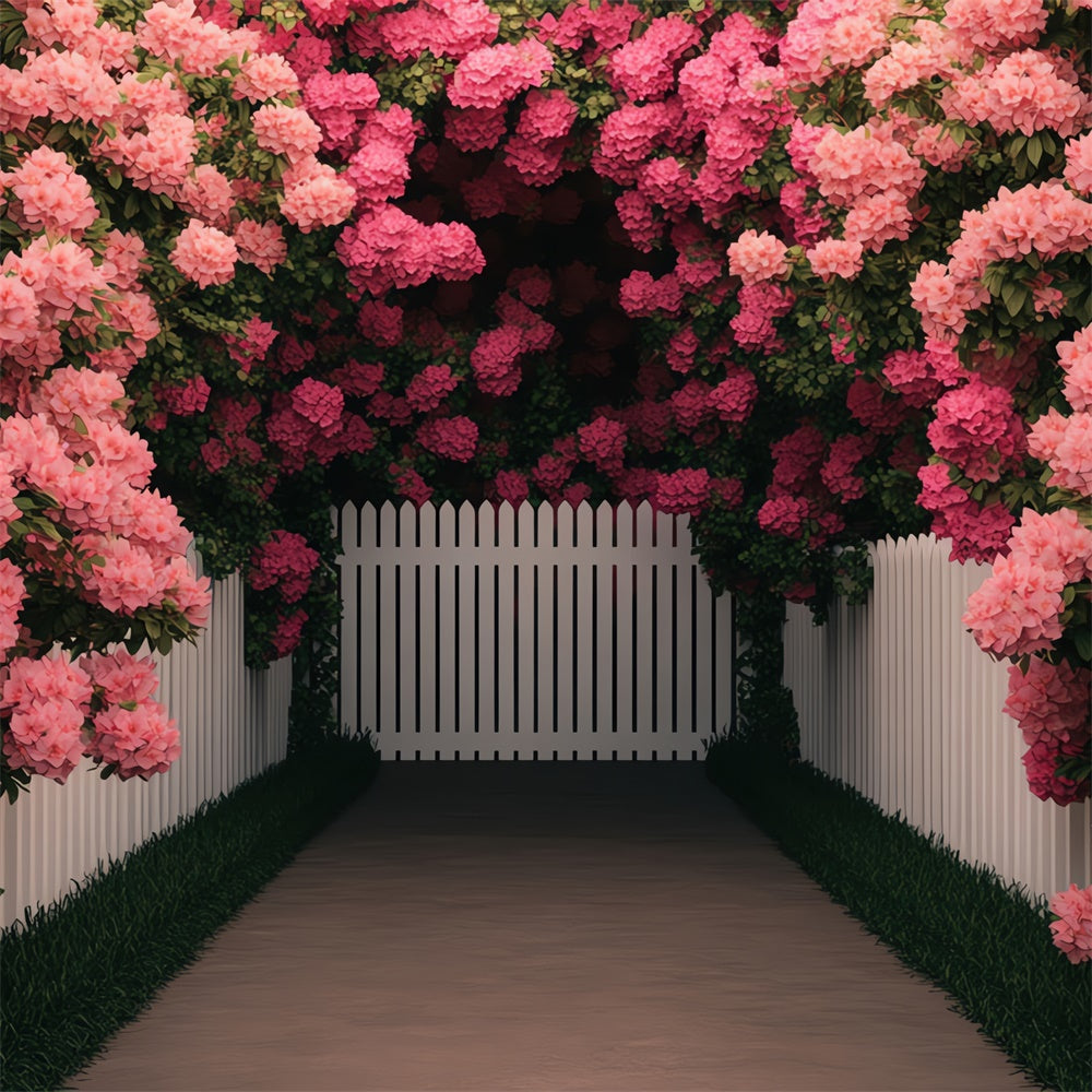 Spring Photo Backdrops Pink Floral White Fence Backdrop UK BRP12-491