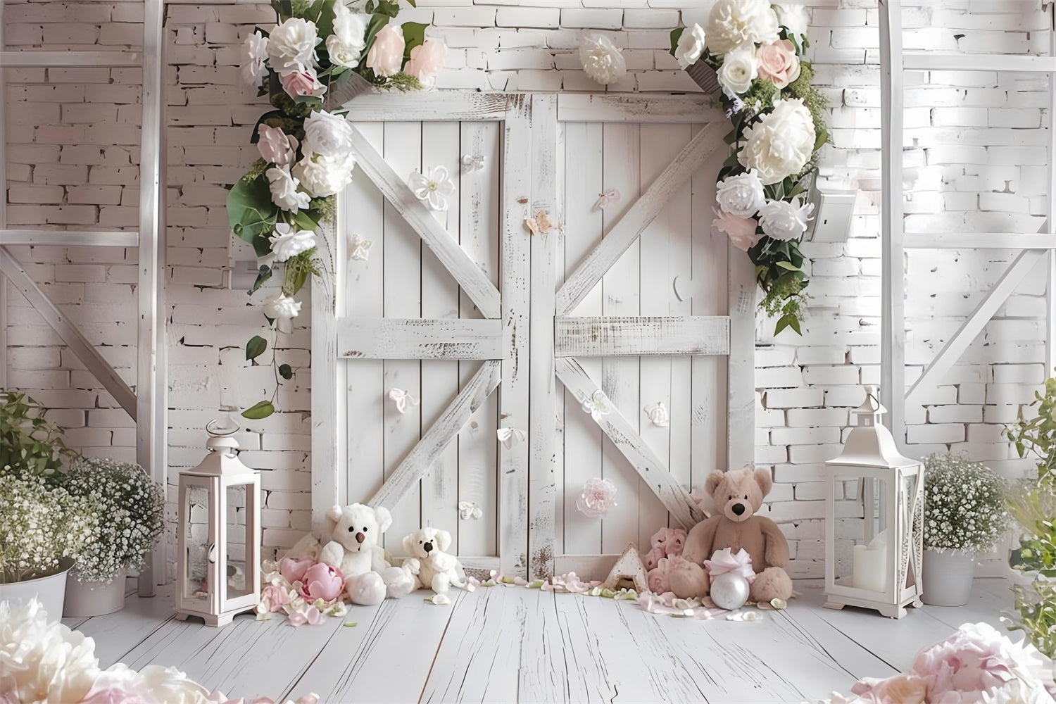 Photography Spring Backdrops Barn Door Floral Teddy Backdrop UK BRP12-505