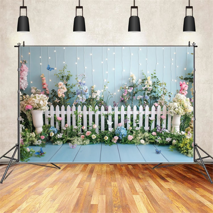 Spring Flower Backdrop Blossoms White Fence Photography Backdrop UK BRP12-509