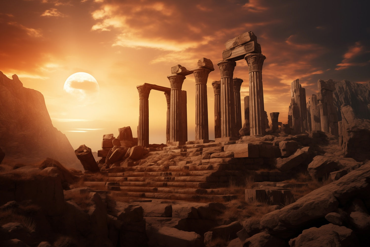 Architecture Backdrop Ancient Ruins Moonlit Dusk Backdrop UK BRP12-630