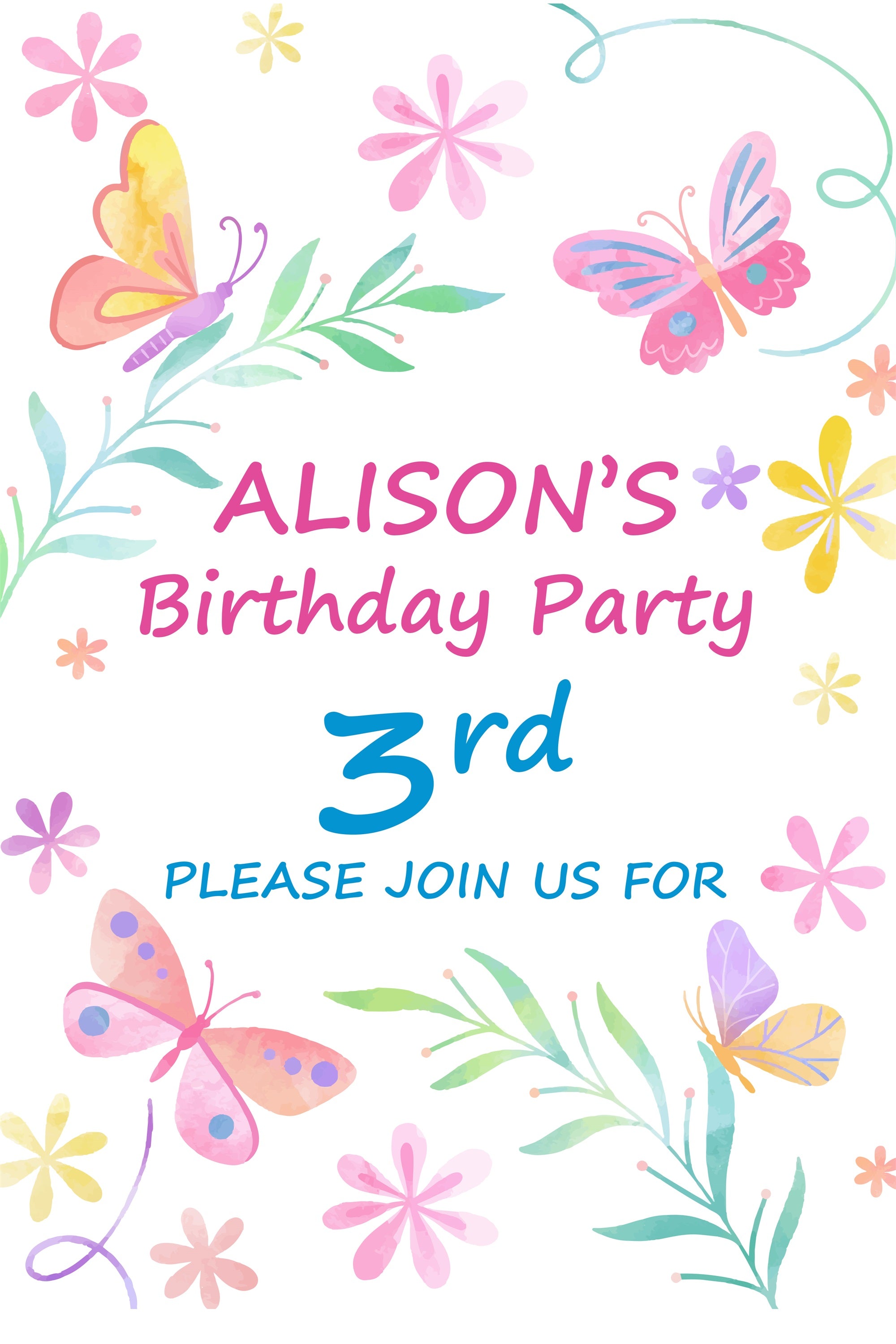 Customized Backdrop For Birthday 3rd Watercolor Butterfly Garden Backdrop UK BRP2-116