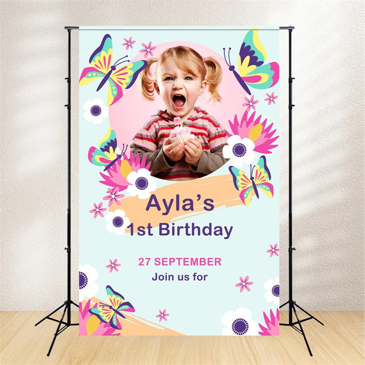 Personalised Backdrop For Birthday Floral Butterfly 1st Backdrop UK BRP2-121