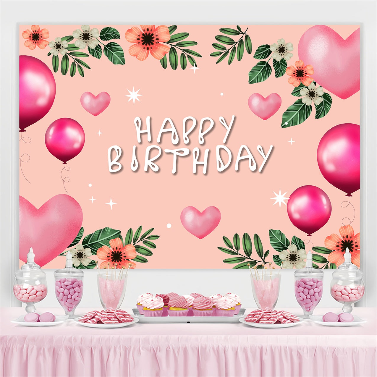 Customized Birthday Backdrop Blush Floral Balloon Backdrop UK BRP2-217
