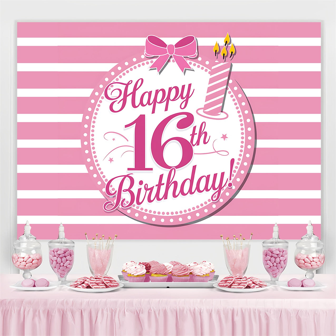 Birthday Backdrop Personalized Sweet 16 Pink Stripes Backdrop UK BRP2-225