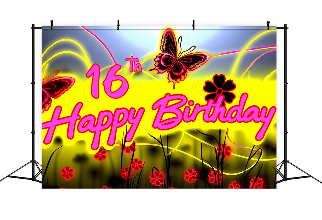 Birthday Backdrop Custom Neon Glow Butterfly 16th Backdrop UK BRP2-227