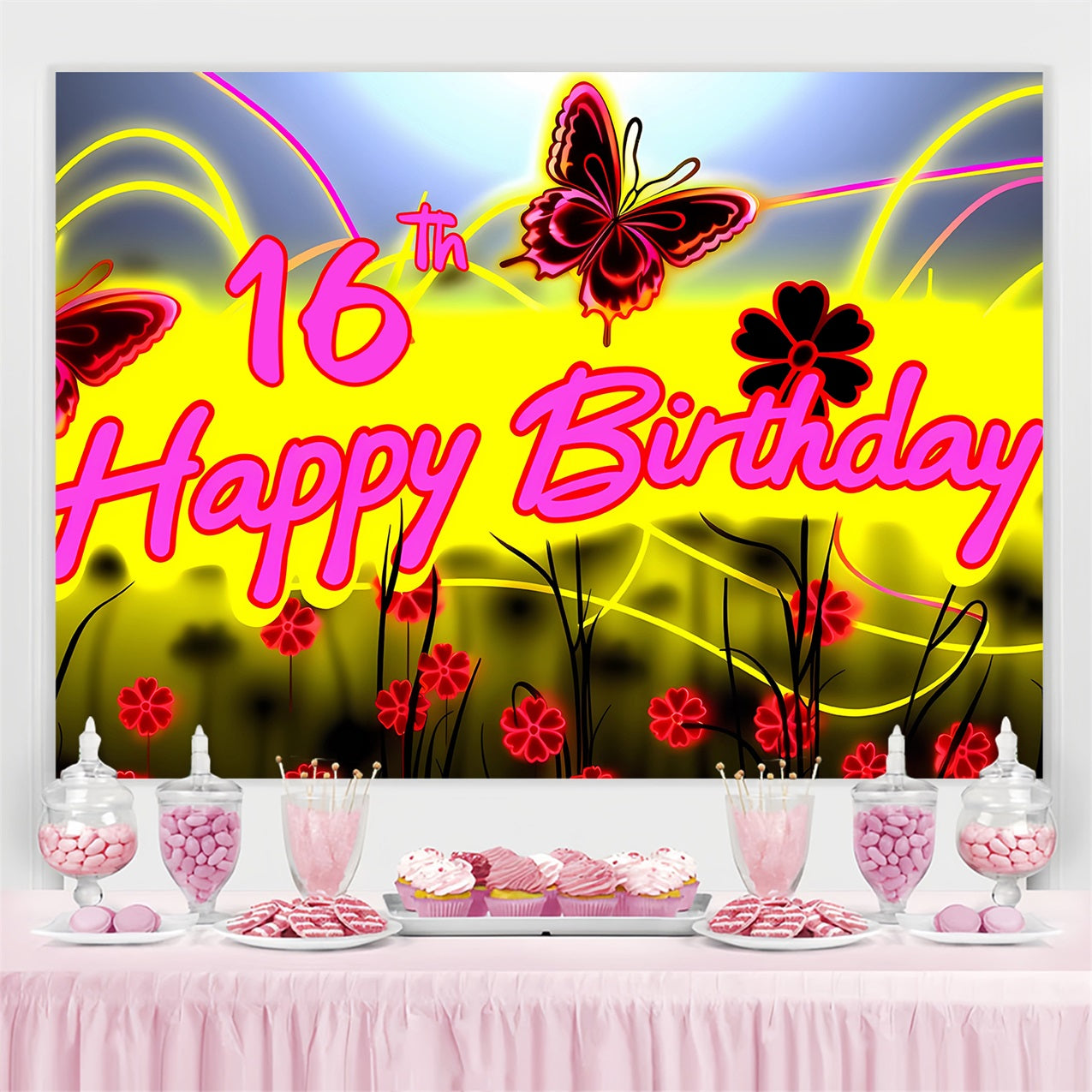 Birthday Backdrop Custom Neon Glow Butterfly 16th Backdrop UK BRP2-227
