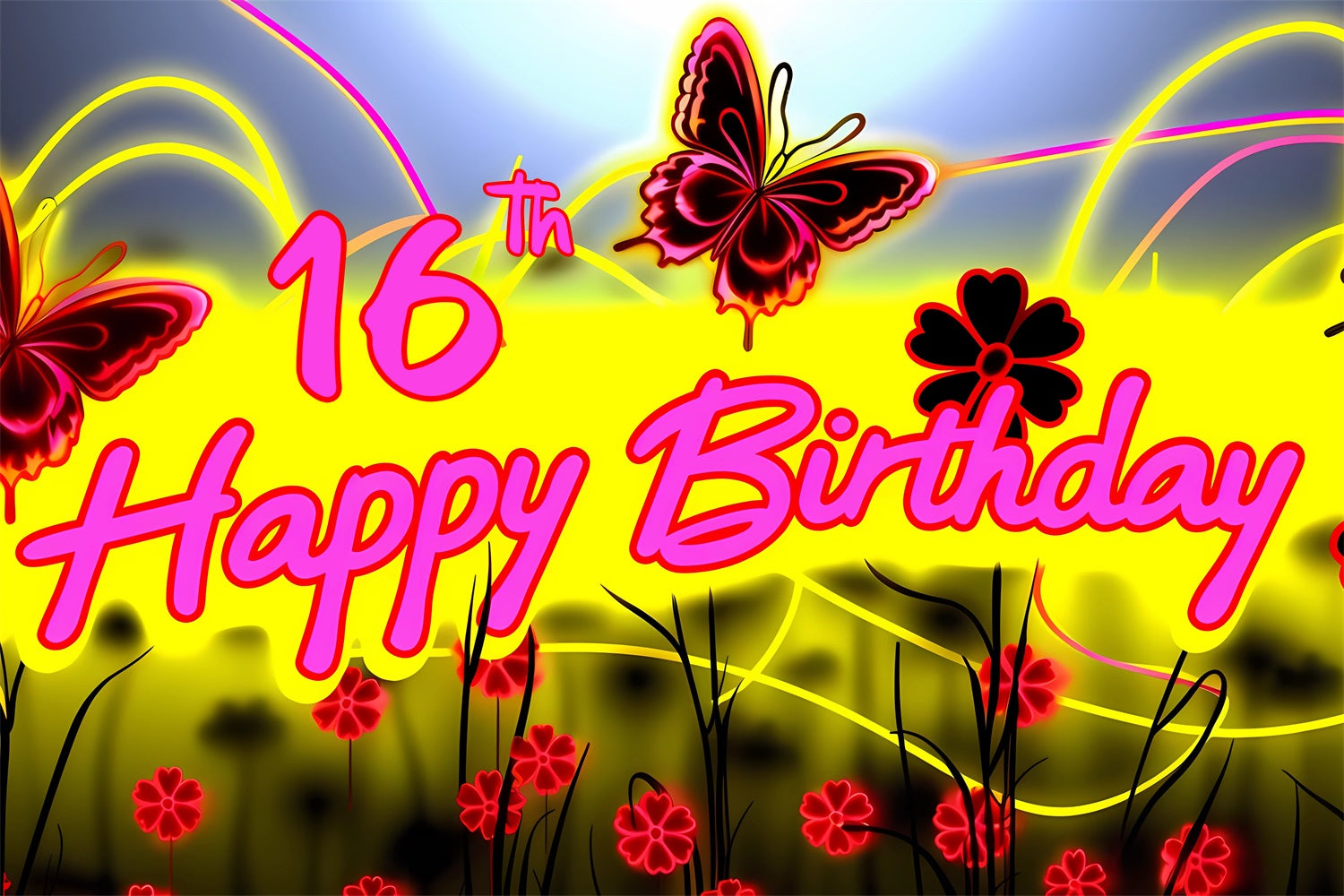 Birthday Backdrop Custom Neon Glow Butterfly 16th Backdrop UK BRP2-227