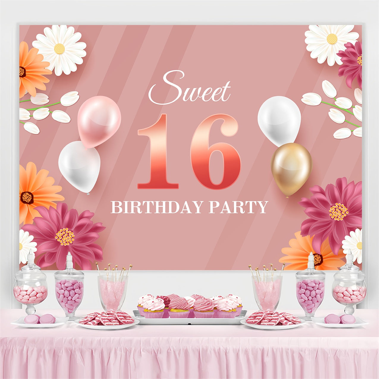 Personalised Backdrop Birthday Floral Sweet 16 Balloon Backdrop UK BRP2-228