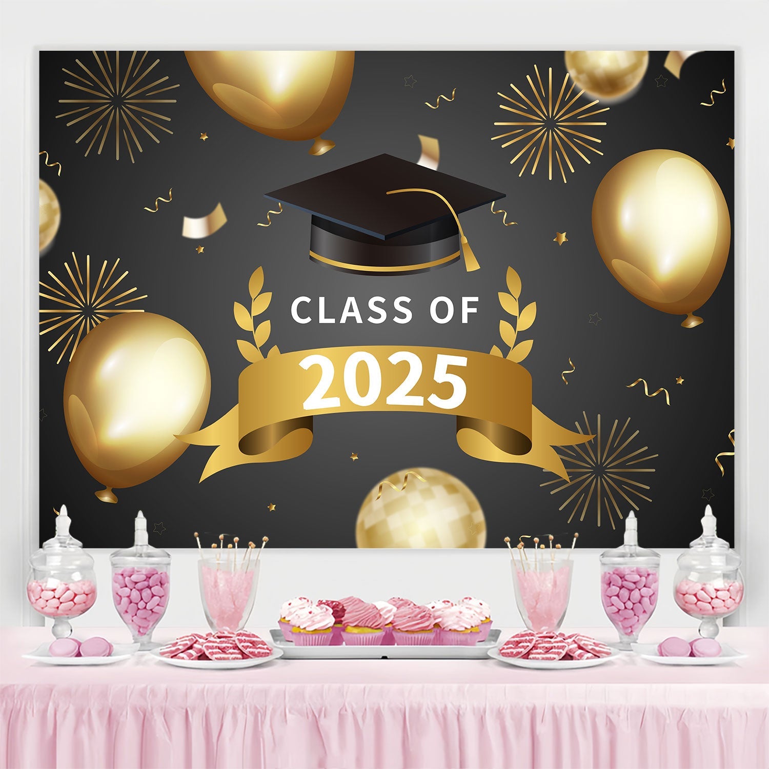 Graduated Backdrop Fireworks Golden Balloons Graduation Party Backdrop UK BRP2-250