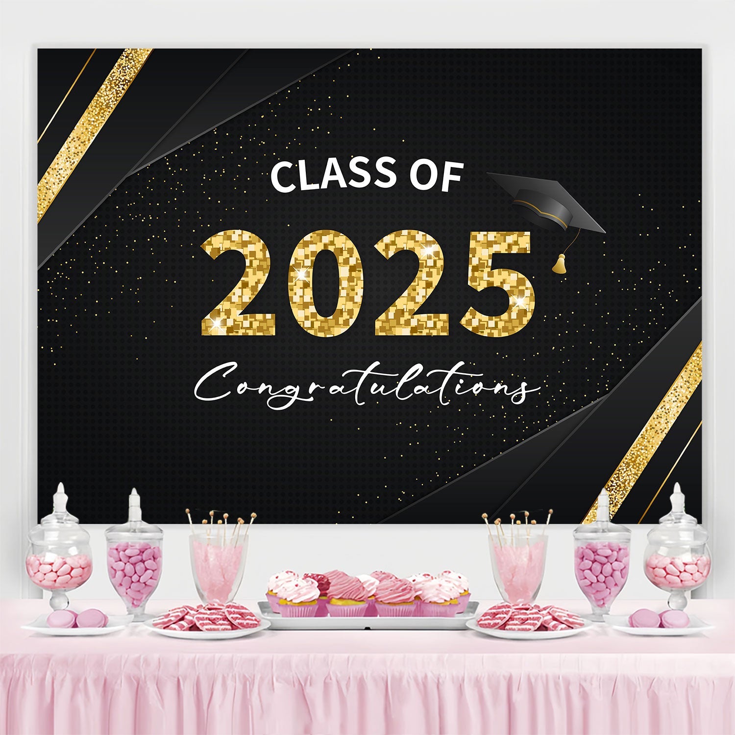 Backdrops Graduation Black Gold Sparkling Graduation Party Backdrop UK BRP2-254