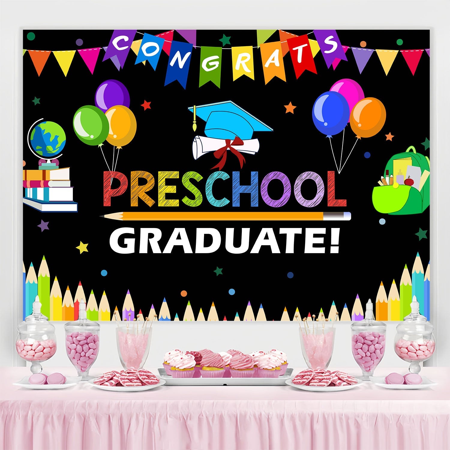 2025 Graduation Backdrop Cheerful Preschool Graduation Party Backdrop UK BRP2-262