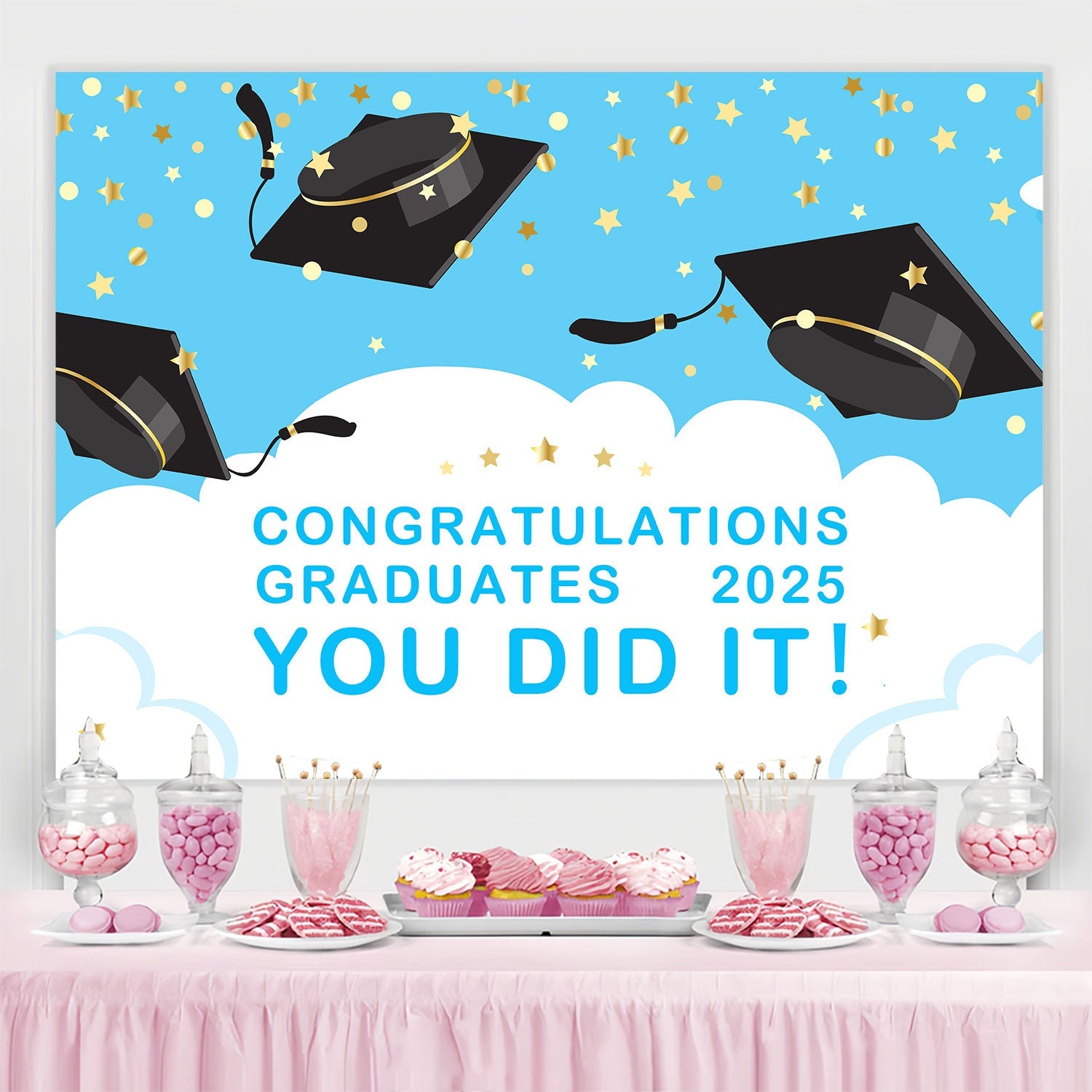 Backdrops Graduation Floating Caps Blue Graduation Party Backdrop UK BRP2-265